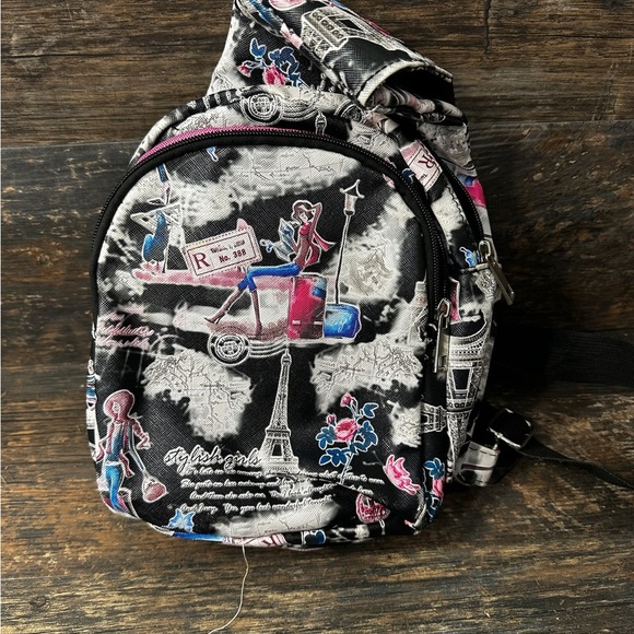 Stylish Black Crossbody Bag with Parisian Print - Picture 1 of 6